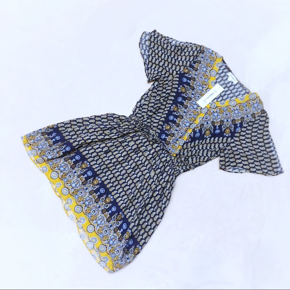 SOLD  ee:some Blue & Yellow Boho Faux Wrap Dress L